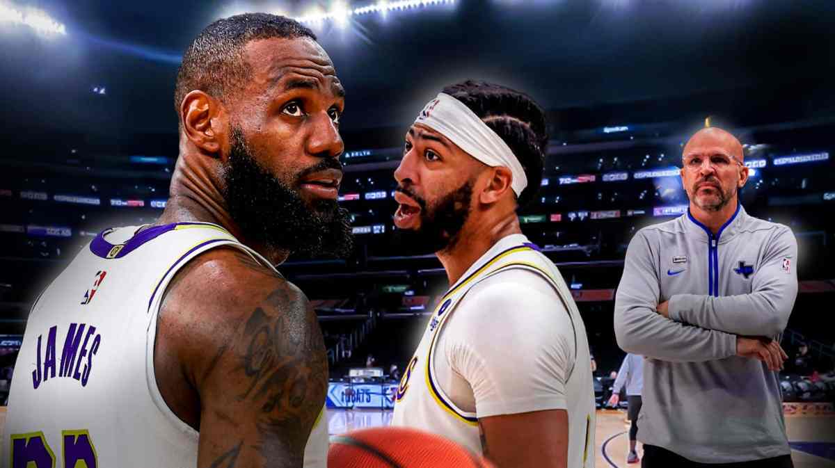 Jason Kidd alongside LeBron James and Anthony Davis with the Lakers arena in the background