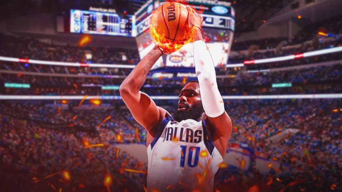 Tim Hardaway Jr. at the American Airlines Center shooting a basketball with fire coming off the ball.