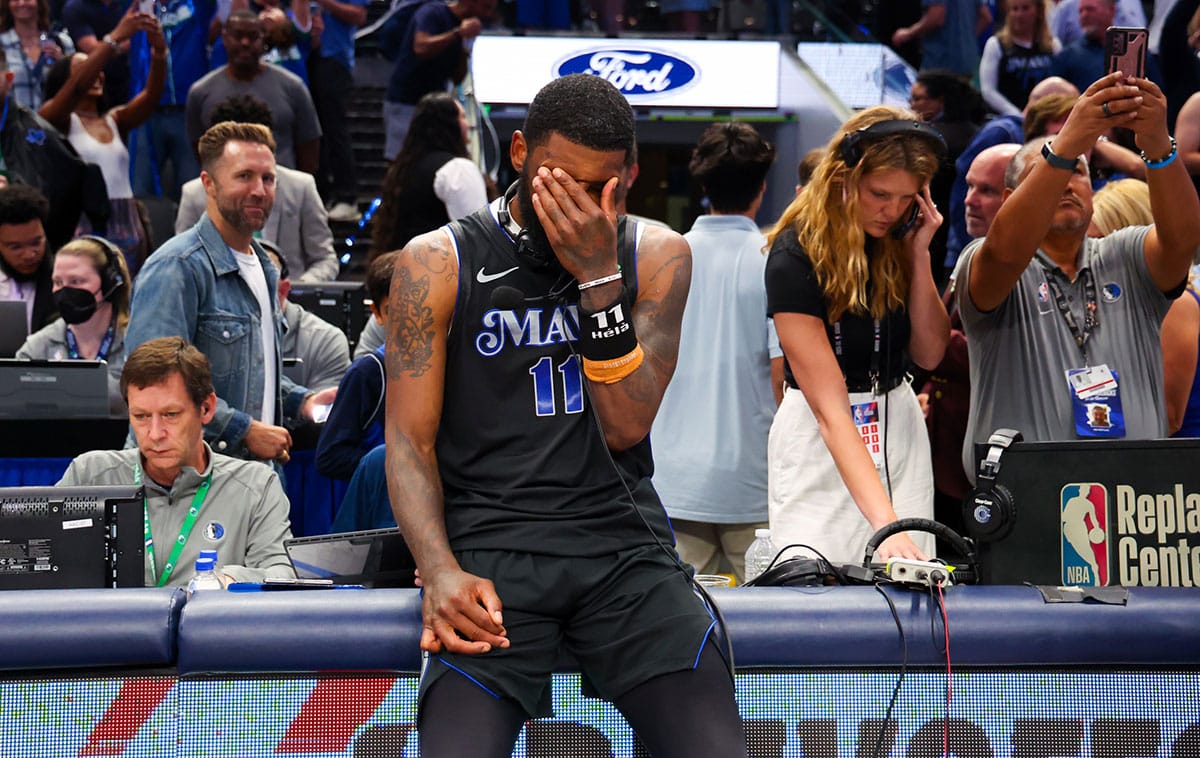 Dallas Mavericks guard Kyrie Irving (11) reacts after the game against the Oklahoma City Thunder in game six of the second round of the 2024 NBA playoffs at American Airlines Center. 