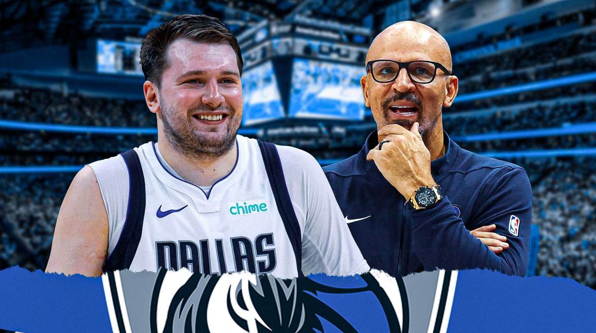 Mavericks' Luka Doncic and Mavericks' Jason Kidd (2024 images) both smiling. Mavericks' logo in background.