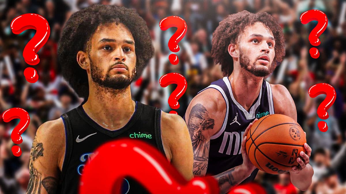 Mavericks' Dereck Lively II looking serious in front. In background, Mavericks' Dereck Lively II shooting a basketball. Place question marks all around image.