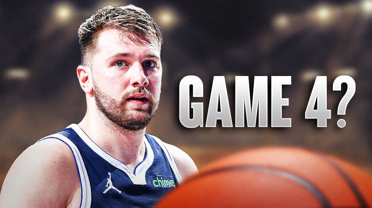 Mavericks' Luka Doncic on left looking serious. On right, write the following: GAME 4?