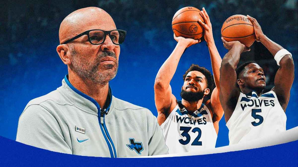 Mavericks' Jason Kidd on left looking serious. Timberwolves' Karl-Anthony Towns, Timberwolves' Anthony Edwards on right both shooting basketballs