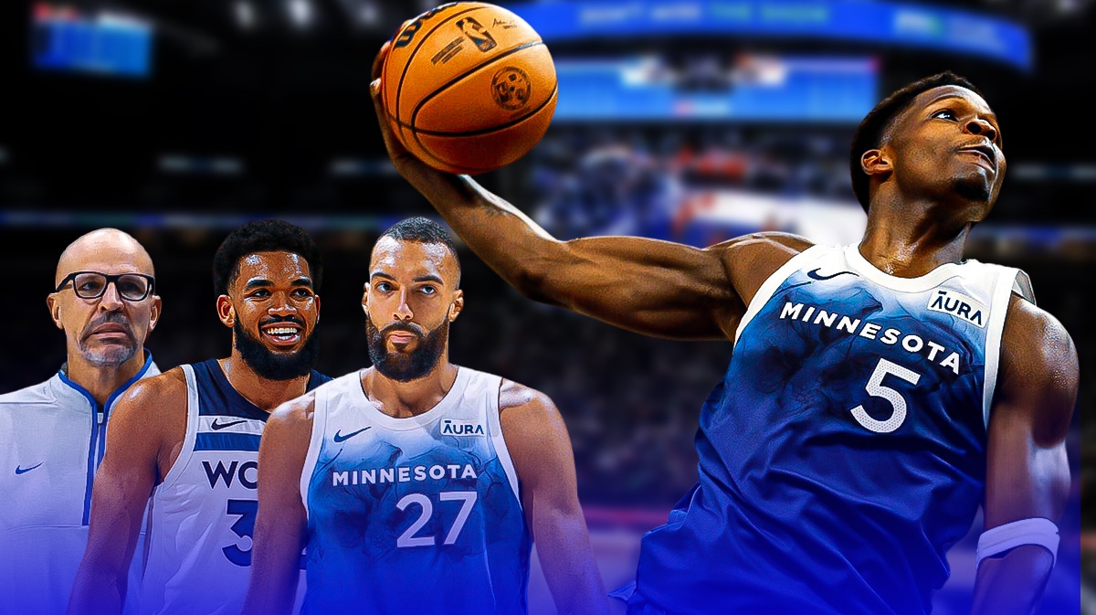 Mavericks' Jason Kidd, Timberwolves' Karl-Anthony Towns, Timberwolves' Rudy Gobert all on left. On right, need Timberwolves' Anthony Edwards dunking a basketball.