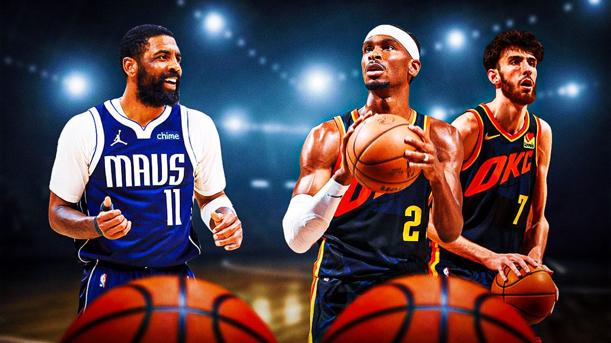 Mavericks' Kyrie Irving smiling on left. Thunder's Shai Gilgeous-Alexander, Thunder's Chet Holmgren both shooting basketballs on right.