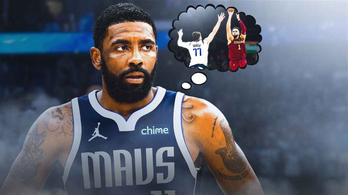 Mavericks' Kyrie Irving with a thought bubble. In the bubble, place Cavaliers' Max Strus.