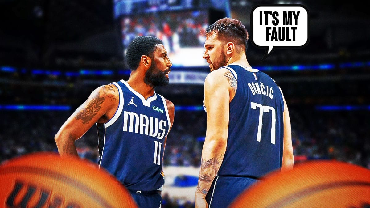 Mavericks' Luka Doncic looking upset/serious. Mavericks' Kyrie Irving looking at Luka looking serious. Make it clear that Kyrie is looking at Luka. Have Luka saying the following: It's my fault