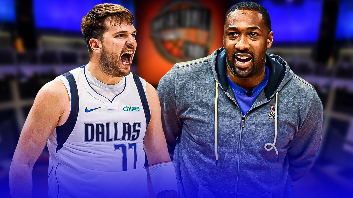 Luka Doncic and Gilbert Arenas with Hall of Fame in background