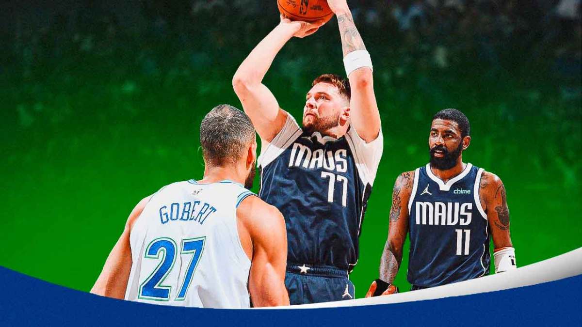 Mavericks' Luka Doncic in background shooting a three-pointer with Timberwolves' Rudy Gobert defending him. In front, have Mavericks' Kyrie Irving looking serious.