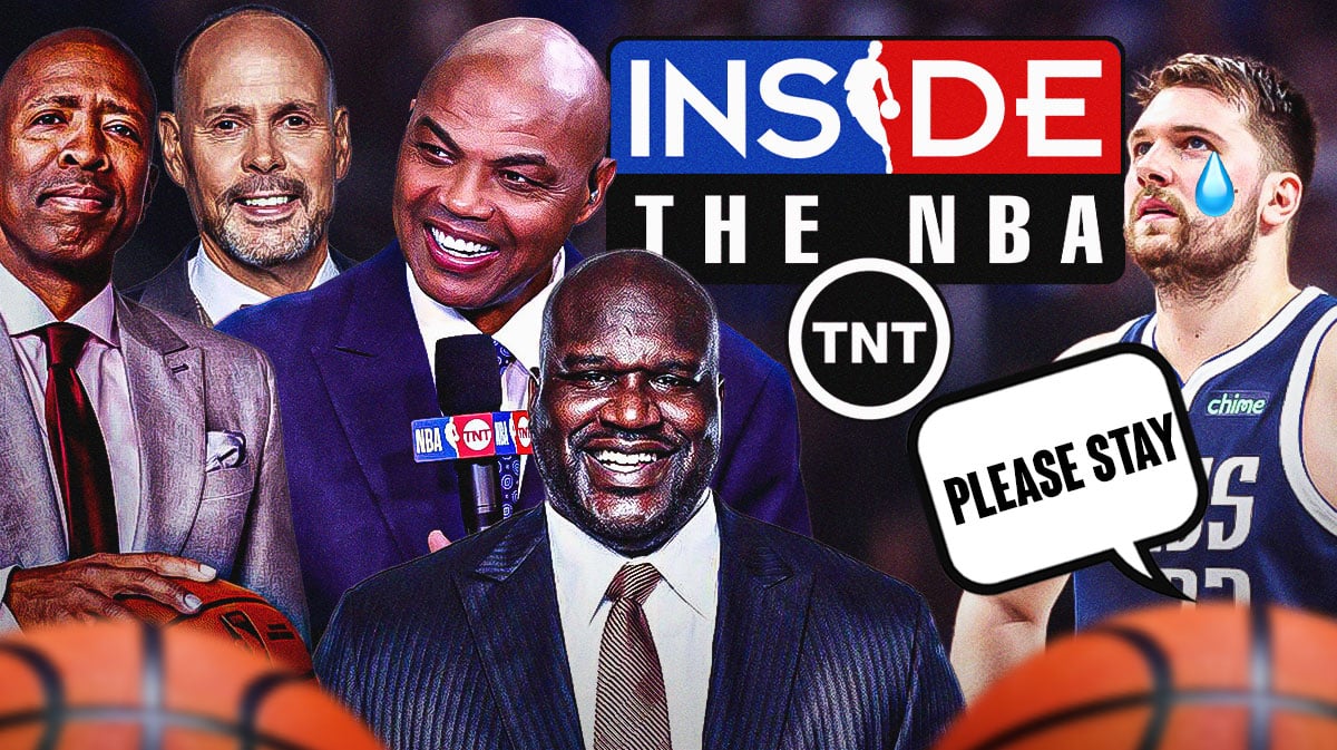 Luka Doncic saying "please stay" next to Inside the NBA crew