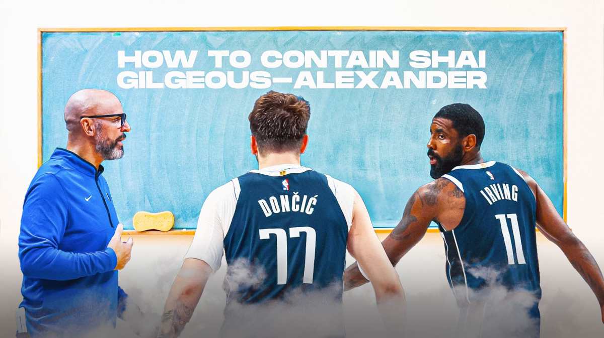 Mavericks' Luka Doncic, Mavericks' Jason Kidd, and Mavericks' Kyrie Irving all standing next to a chalk board. On the board, write the following: HOW TO CONTAIN SHAI GILGEOUS-ALEXANDER