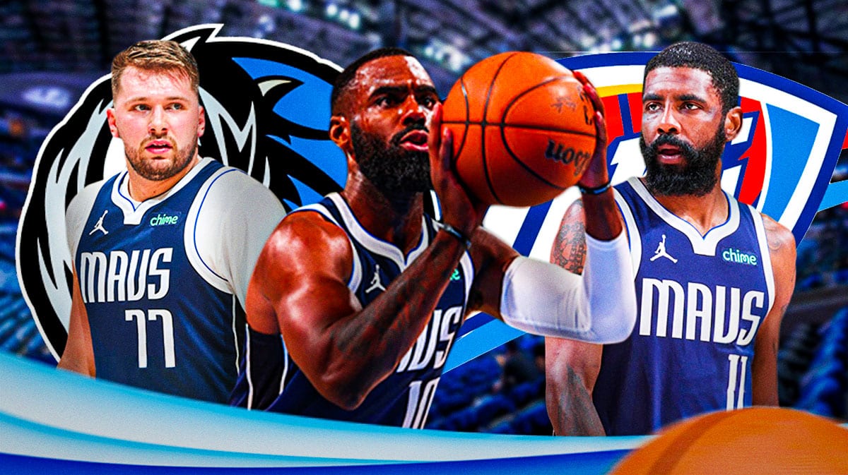 In front, Mavericks' Tim Hardaway Jr. shooting a basketball. Mavericks' Luka Doncic on his left, Mavericks' Kyrie Irving on his right. Place the Dallas Mavericks' 2024 logo and Oklahoma City Thunder's 2024 logo in background.
