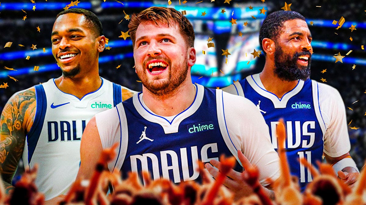 Mavericks' Luka Doncic smiling, with Kyrie Irving and PJ Washington beside him