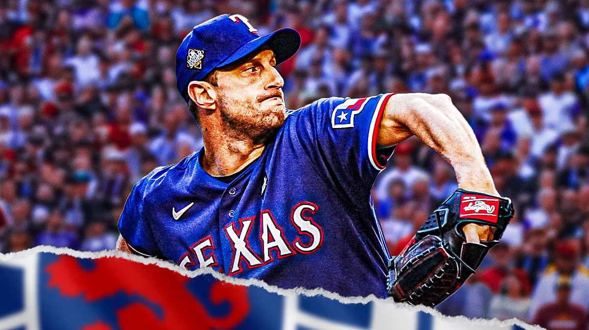 Rangers' Max Scherzer pitching the baseball.