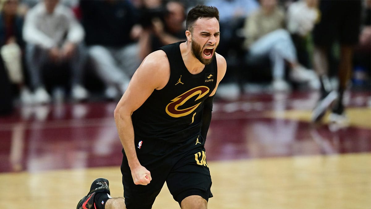 Cleveland Cavaliers guard Max Strus (1) reacts after being called for a foul during the second half against the Orlando Magic in game five of the first round for the 2024 NBA playoffs at Rocket Mortgage FieldHouse. 