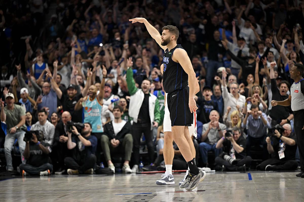 Dallas Mavericks forward Maxi Kleber (42) celebrates after making a three point shot against the LA Clippers during the first quarter during game six of the first round for the 2024 NBA playoffs at American Airlines Center.
