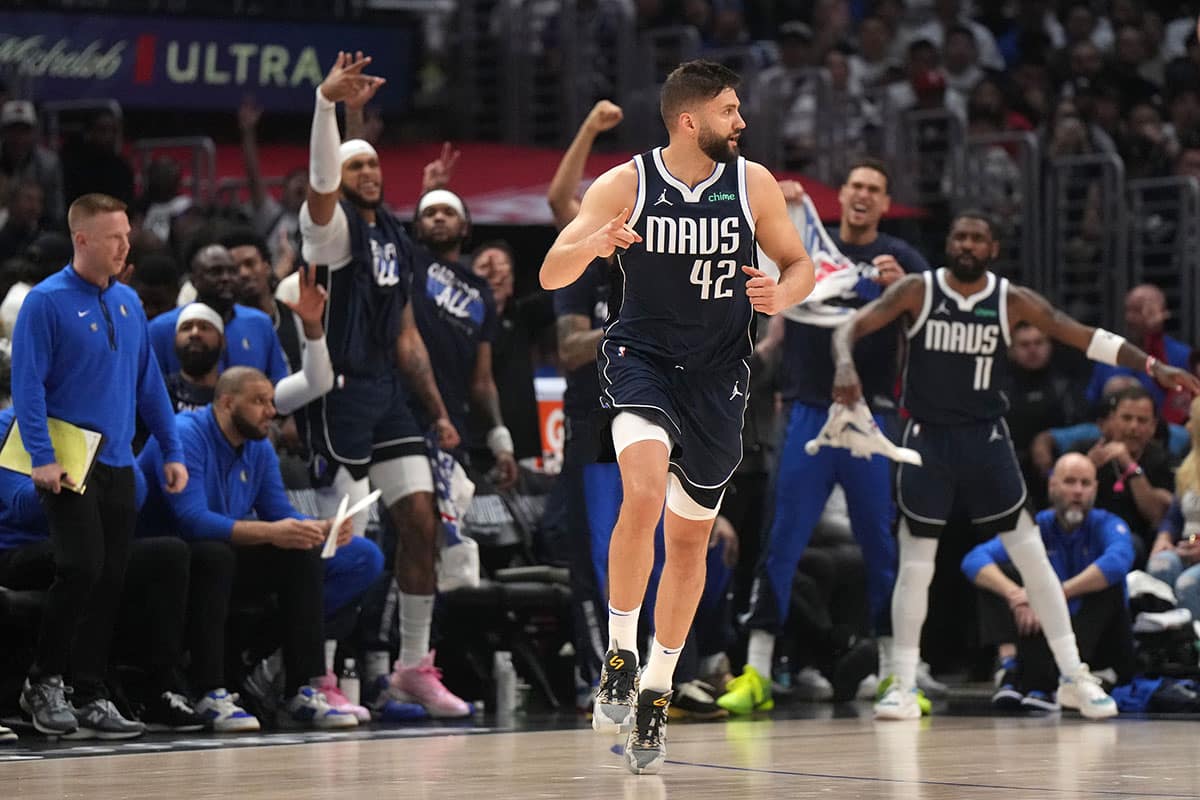 Dallas Mavericks forward Maxi Kleber (42) celebrates against the LA Clippers in the first half during game five of the first round for the 2024 NBA playoffs at Crypto.com Arena.