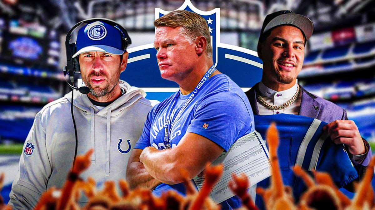 Colts general manager Chris Ballard with head coach Shane Steichen and former UCLA defender Laiatu Latu. There is also a logo for the 2024 NFL Draft.