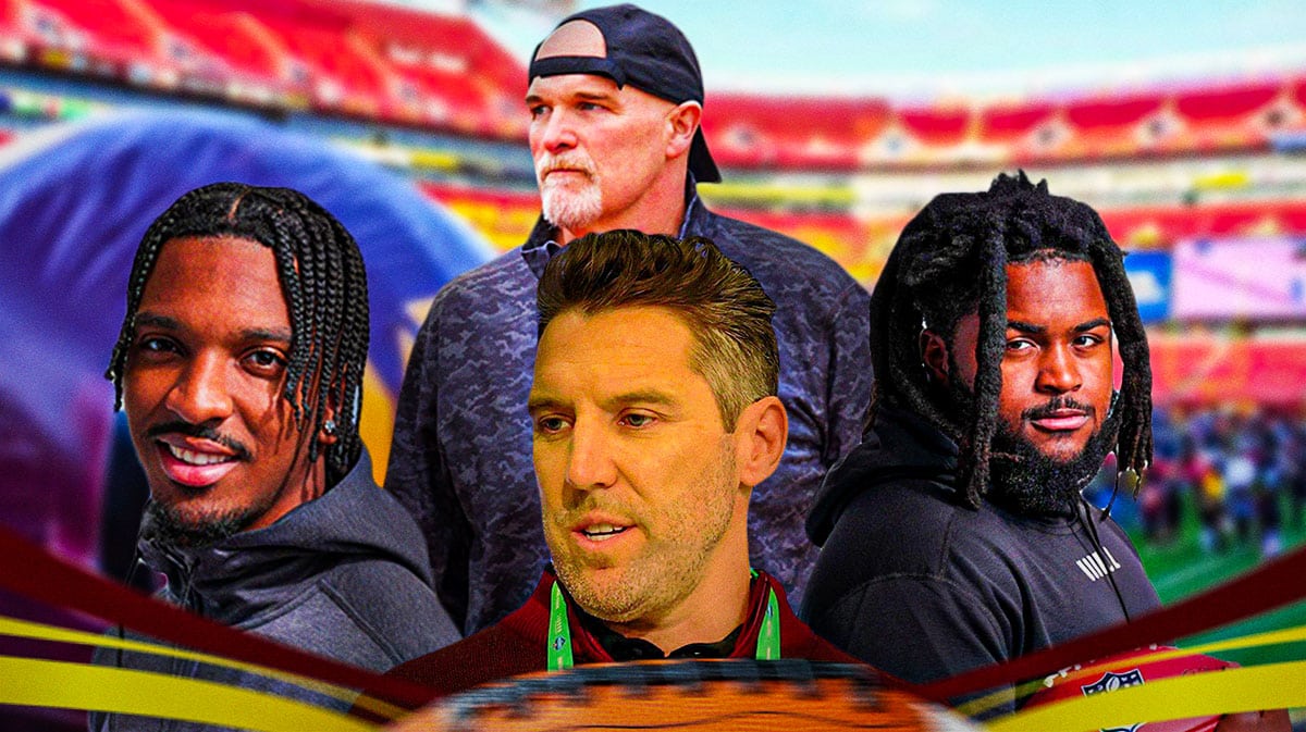 Adam Peters in the middle, Jayden Daniels, Johnny Newton, Coach Dan Quinn around him, Washington Commanders wallpaper in the background