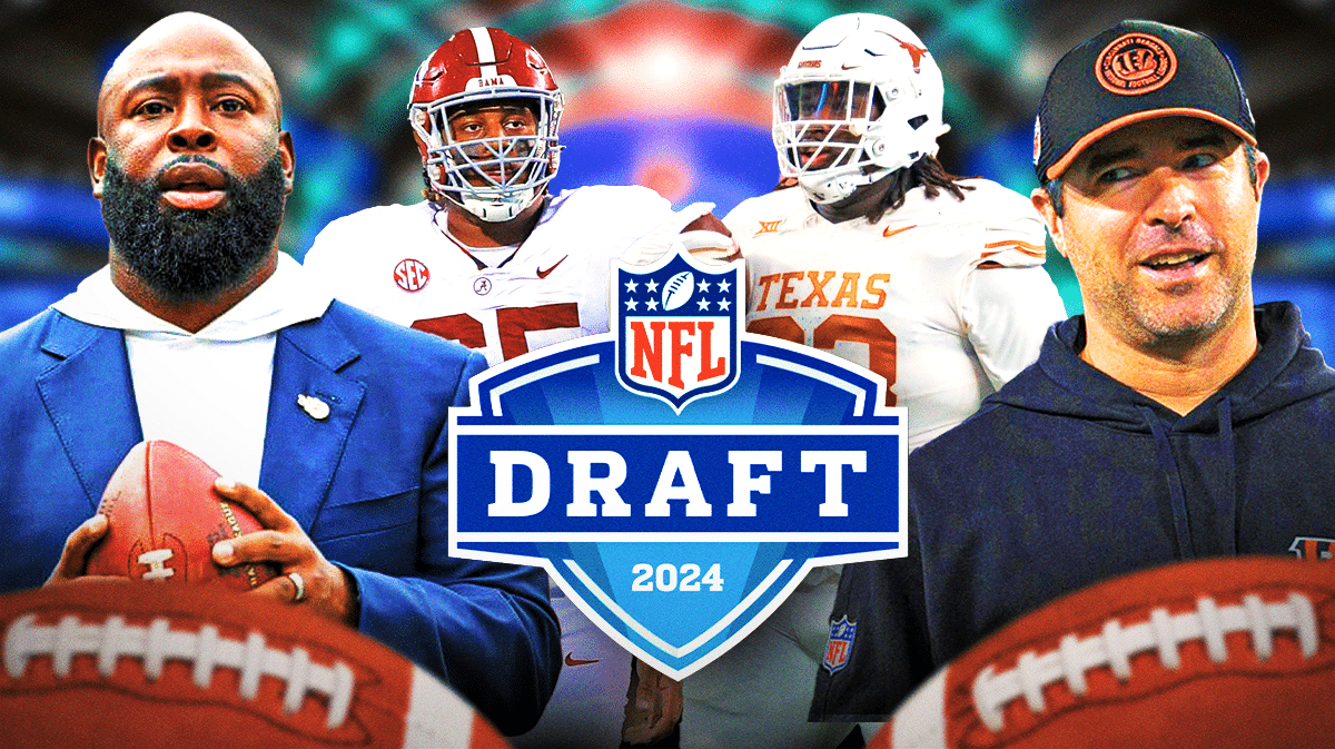 Tennessee Titans general manager Ran Carton with head coach Brian Callahan, tackle J.C. Latham, and defensive tackle T’Vondre Sweat. In front of them is the logo for the 2024 NFL Draft.