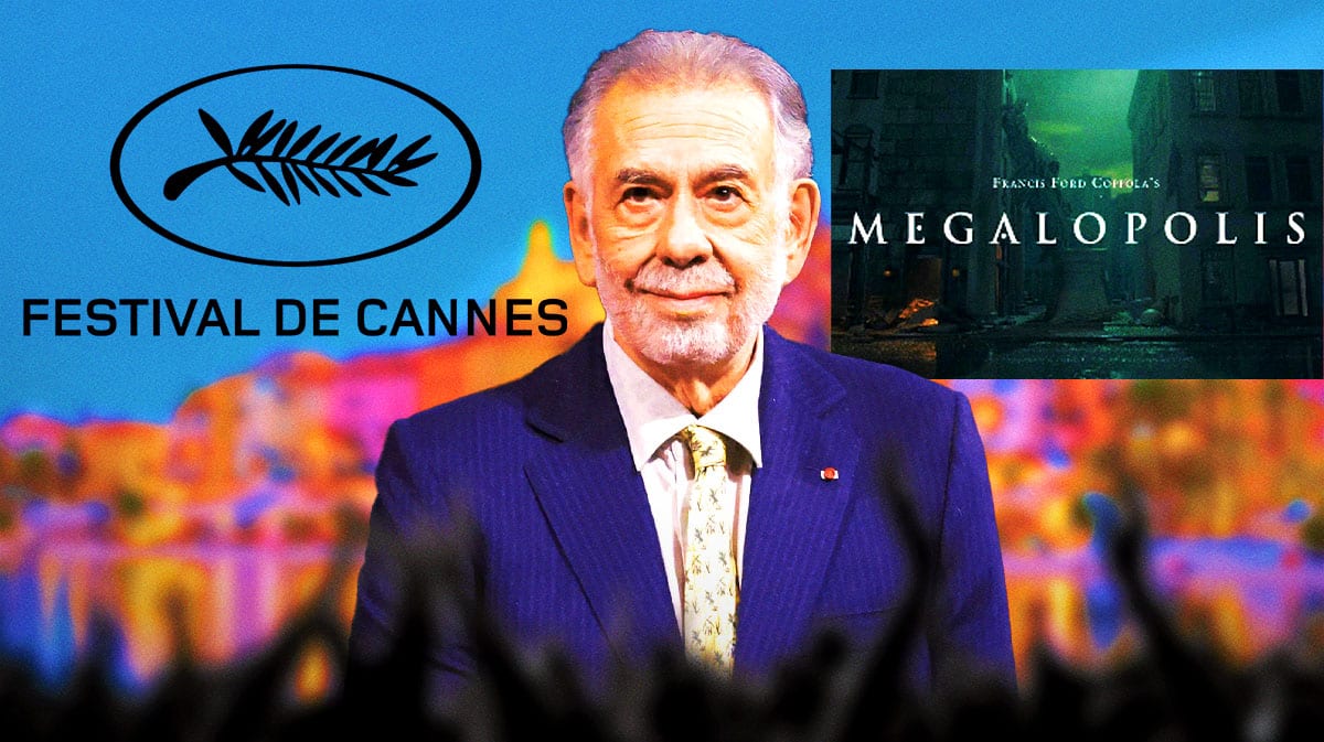 Francis Ford Coppola with Megalopolis logo and Cannes Film Festival logo and background.