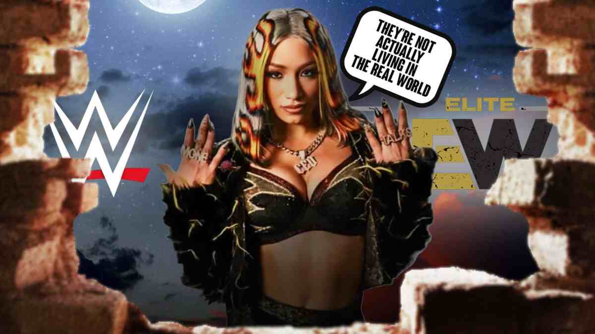 Mercedes Mone with a text bubble reading "They’re not actually living in the real world" with the AEW logo on her left and the WWE logo on her right.