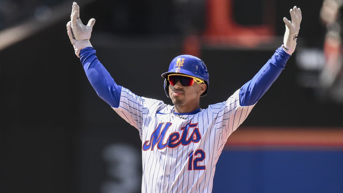 New York Mets shortstop Francisco Lindor (12) reacts after hitting a two RBI double against the Chicago Cubs during the sixth inning at Citi Field.