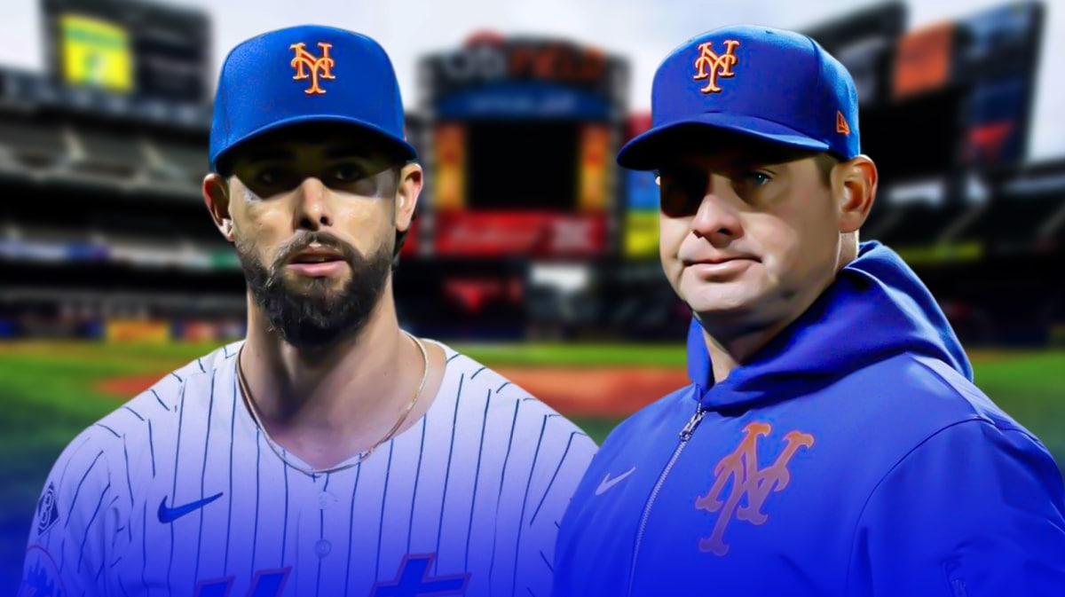 Pitcher Jorge Lopez, Mets manager Carlos Mendoza, Citi Field behind them