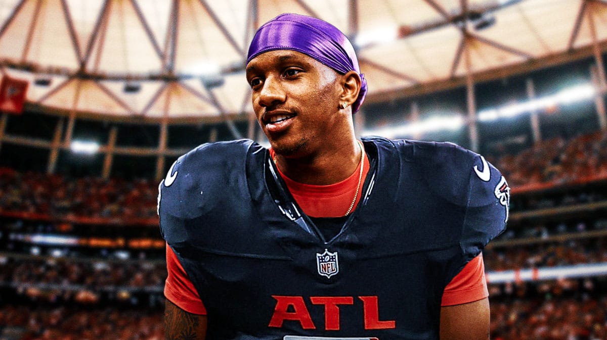 Atlanta Falcons star Michael Penix Jr. in front of Mercedes-Benz Stadium.