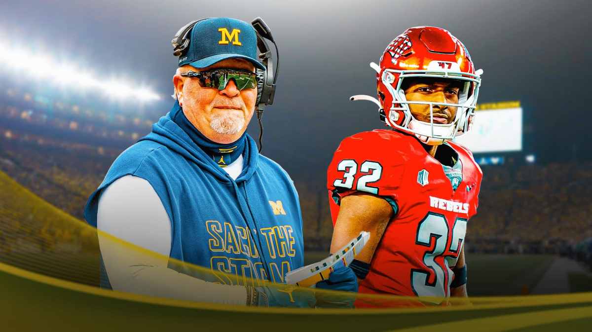 Michigan football, Wolverines, Ricky Johnson, Michigan football transfer portal, Ricky Johnson Michigan, Ricky Johnson (UNLV football player) and Wink Martindale with Michigan football stadium in the background