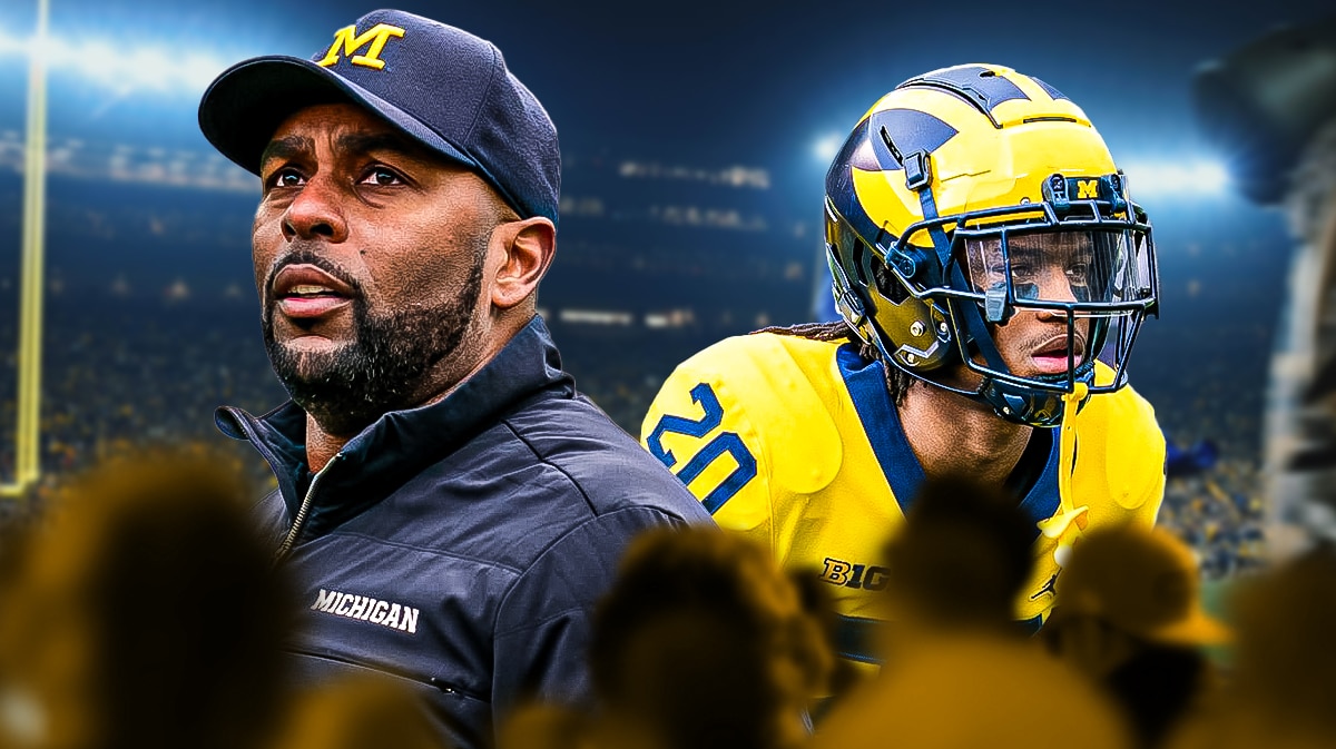 Michigan football, Wolverines, Jyaire Hill, Sherrone Moore, Jyaire Hill Michigan, Sherrone Moore and Jyaire Hill with Michigan football stadium in the background