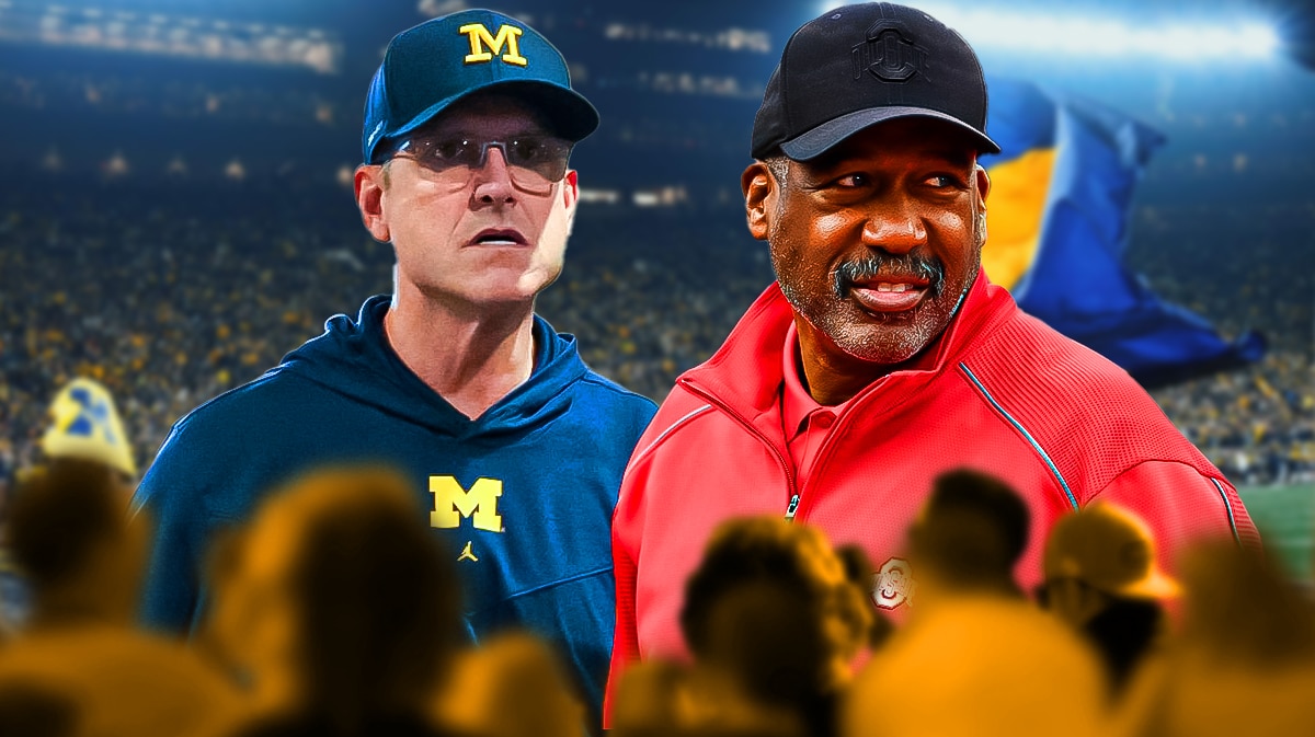 Michigan football, Ohio State football, Buckeyes, Dan Wetzel, Gene Smith, Jim Harbaugh (in Michigan gear) and Gene Smith with Michigan football stadium in the background