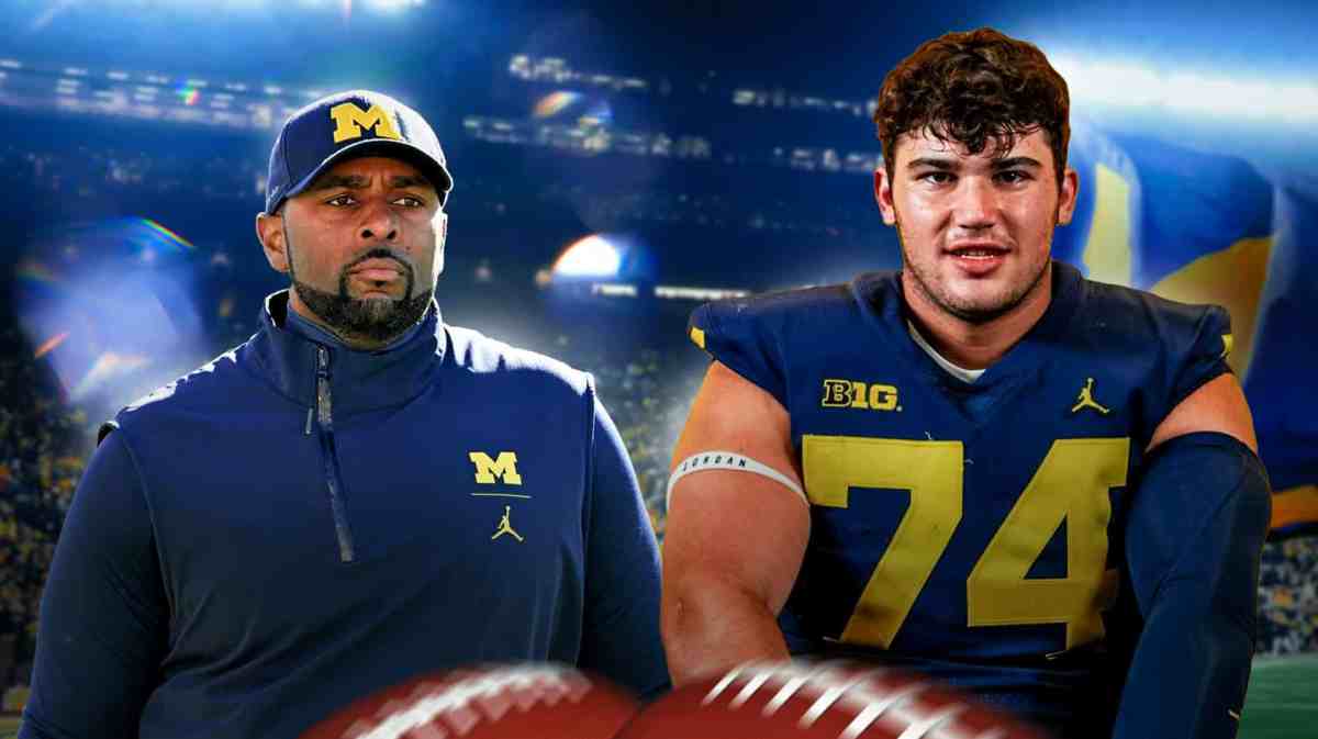 Michigan football, Wolverines, Sherrone Moore, Avery Gach, Michigan football recruiting, Avery Gach and Sherrone Moore with Michigan football stadium in the background