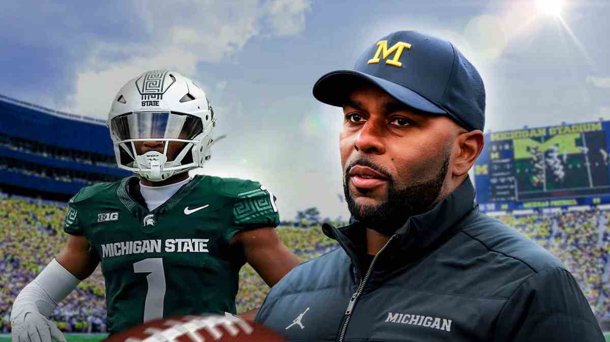 Michigan football, Wolverines, Jaden Mangham, Transfer portal, Michigan State football, Sherrone Moore and Jaden Mangham with Michigan Stadium in the background