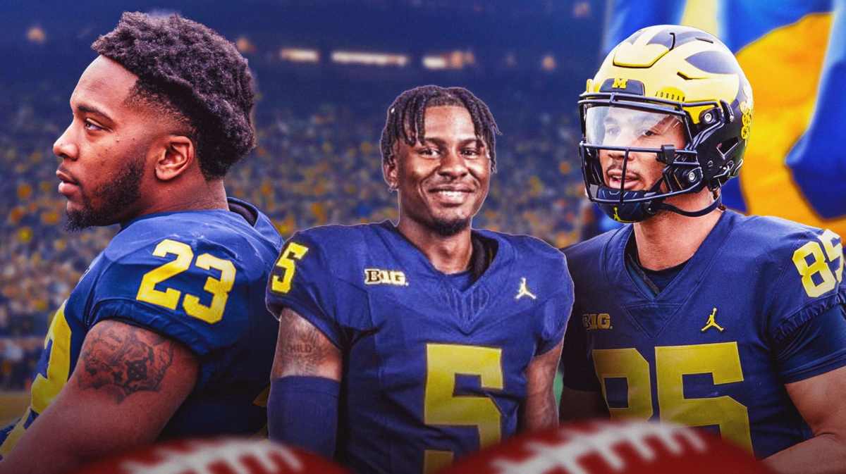 Michigan football, Wolverines, Transfer portal, Michigan football transfer portal, Jeremiah Beasley, Karmello English, Cristian Dixon and Jeremiah Beasley all in Michigan unis with Michigan football stadium in the background