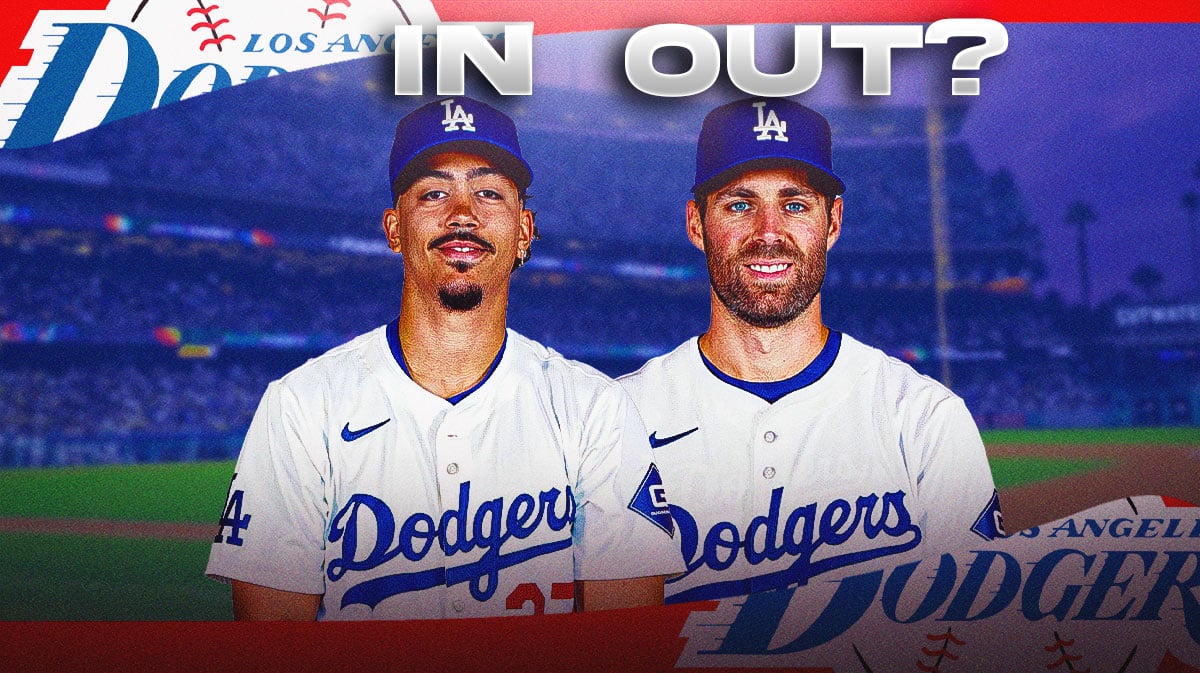 Miguel Vargas and Chris Taylor with Dodger Stadium in background