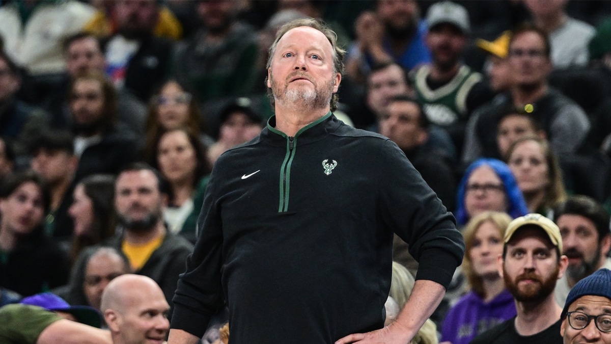 Apr 7, 2023; Milwaukee, Wisconsin, USA; Milwaukee Bucks head coach Mike Budenholzer reacts in the second quarter during game against the Memphis Grizzlies at Fiserv Forum. Mandatory Credit: Benny Sieu-USA TODAY Sports