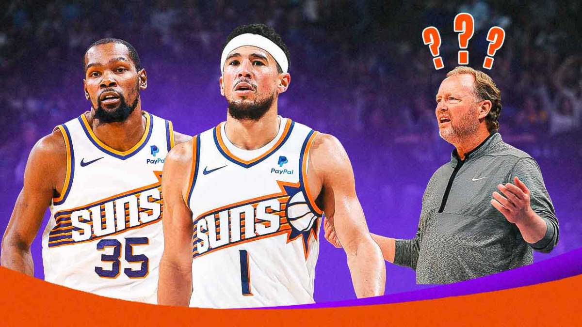 Suns' Mike Budenholzer looking at Devin Booker and Kevin Durant, with question marks on top of him