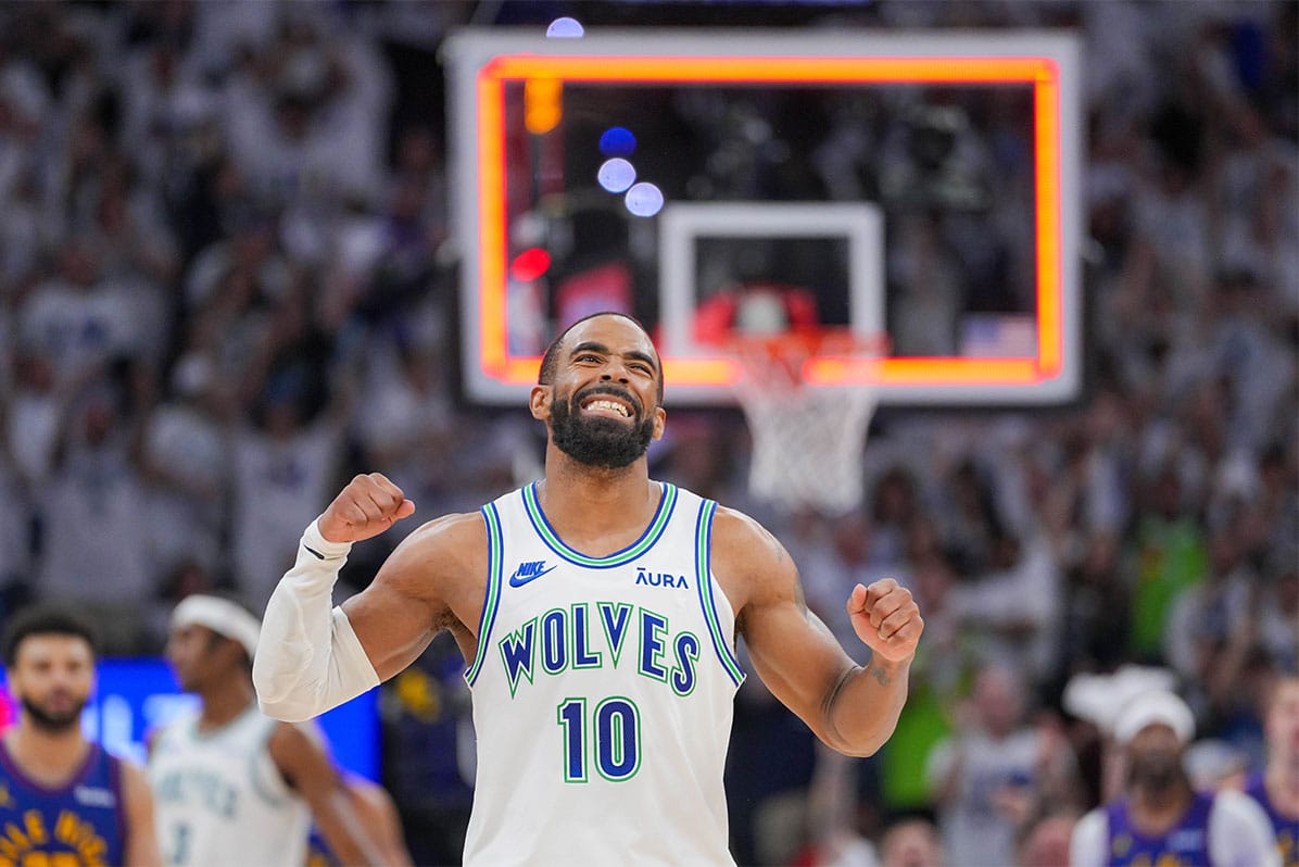 Minnesota Timberwolves guard Mike Conley (10) celebrates a basket against the Denver Nuggets in the second quarter during game six of the second round for the 2024 NBA playoffs at Target Center.