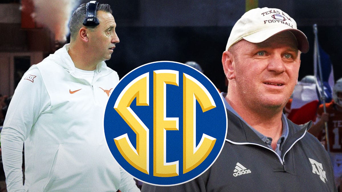 Texas A&M football coach Mike Elko looking at Texas coach Steve Sarkisian with SEC logo.