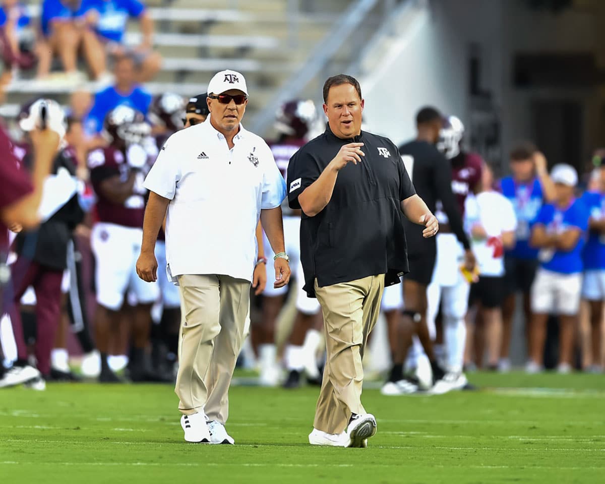 Texas A&M Aggies head coach Jimbo Fisher and defensive coordinator Mike Elko prior to the game against the Kent State Golden Flashes at Kyle Field.
