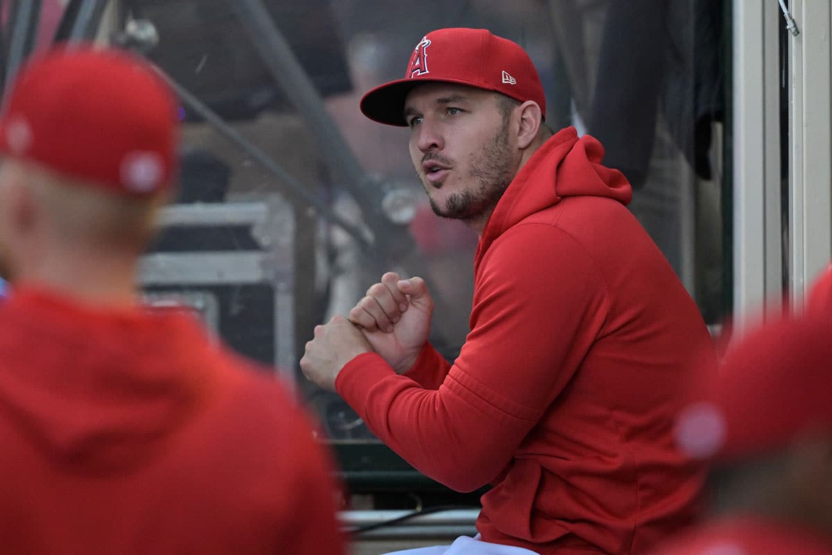 Los Angeles Angels center fielder Mike Trout (27) in the dugout during the game against the Kansas City Royals at Angel Stadium.