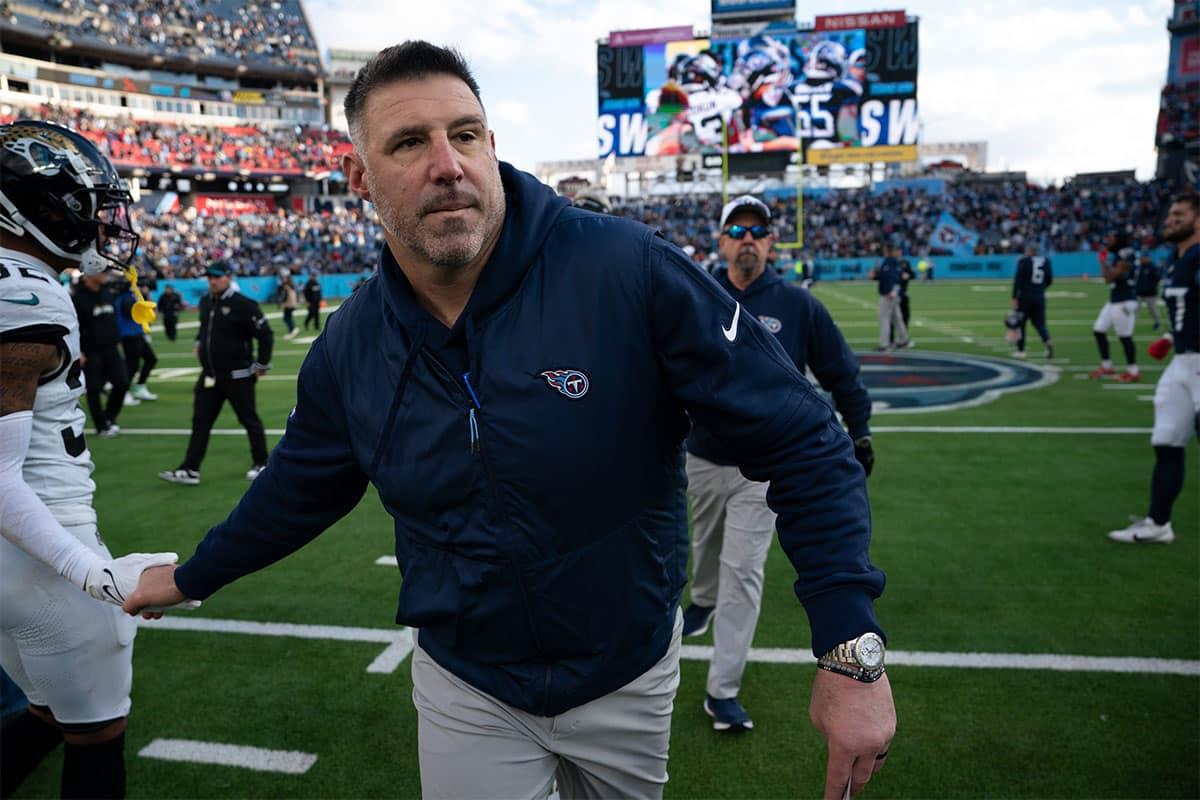 Tennessee Titans Head Coach Mike Vrabel heads off the field after beating the Jacksonville Jaguars â€“ and knocking them out of the playoffs â€“ after their game at Nissan Stadium