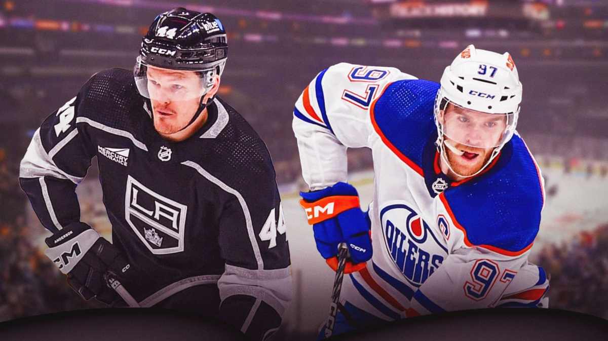 Kings' Mikey Anderson after a hit from Oilers' Connor McDavid in the Stanley Cup Playoffs.
