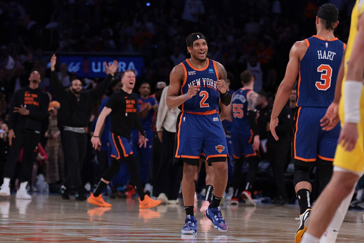 New York Knicks guard Miles McBride (2) reacts in front of guard Josh Hart (3) during the second half during game five of the second round for the 2024 NBA playoffs against the Indiana Pacers at Madison Square Garden.