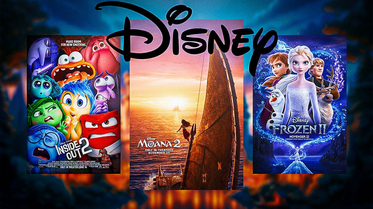 Disney logo with Inside Out 2, Moana 2, and Frozen 2 posters.