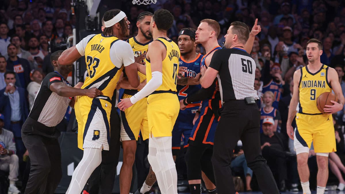 Indiana Pacers center Myles Turner (33) argues with New York Knicks guard Donte DiVincenzo (0) during the second half during game five of the second round for the 2024 NBA playoffs at Madison Square Garden