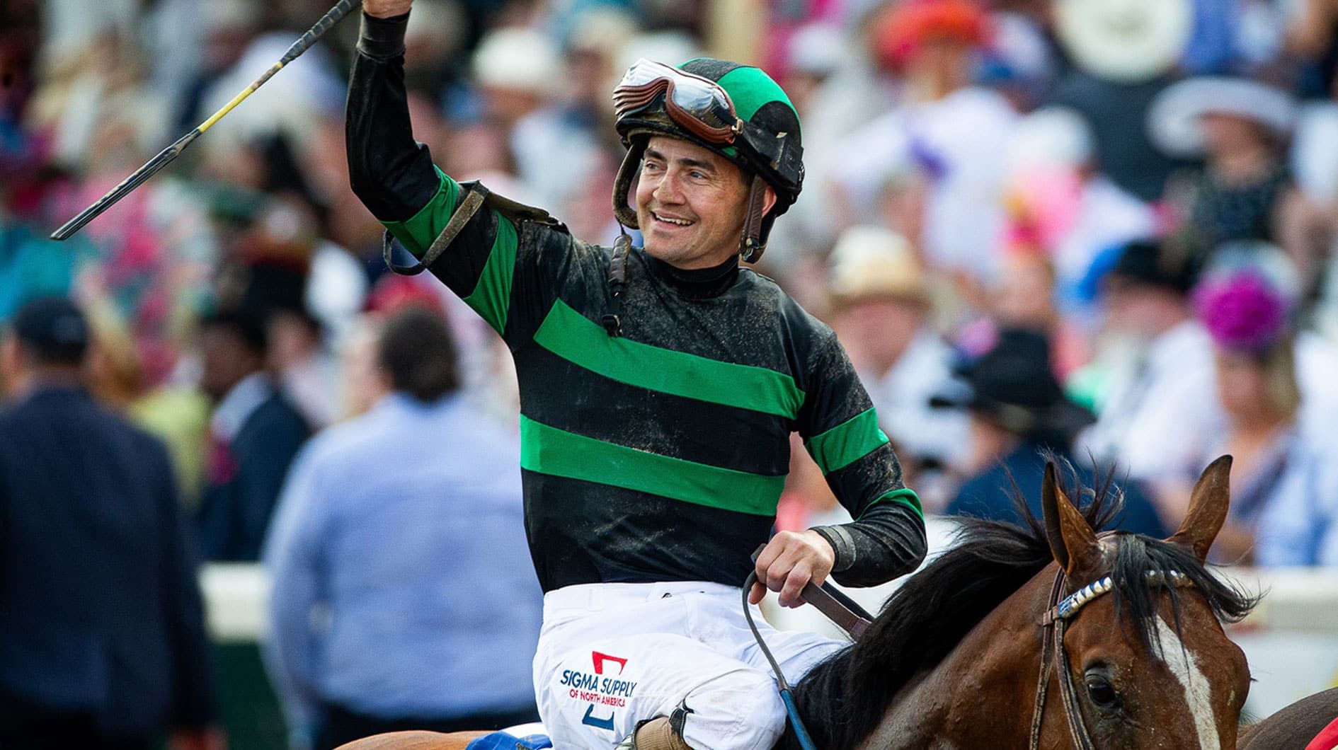 Jockey Brian Hernandez Jr. waved to the crowd after riding Mystik Dan to victory in the 150th Kentucky Derby at Churchill Downs in Louisville, Ky., on Saturday, May 4, 2024.