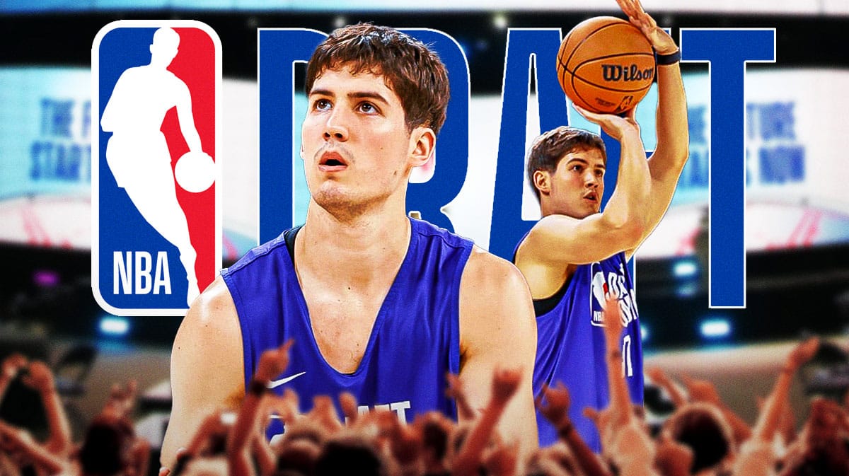 Reed Sheppard in front of the NBA Draft logo