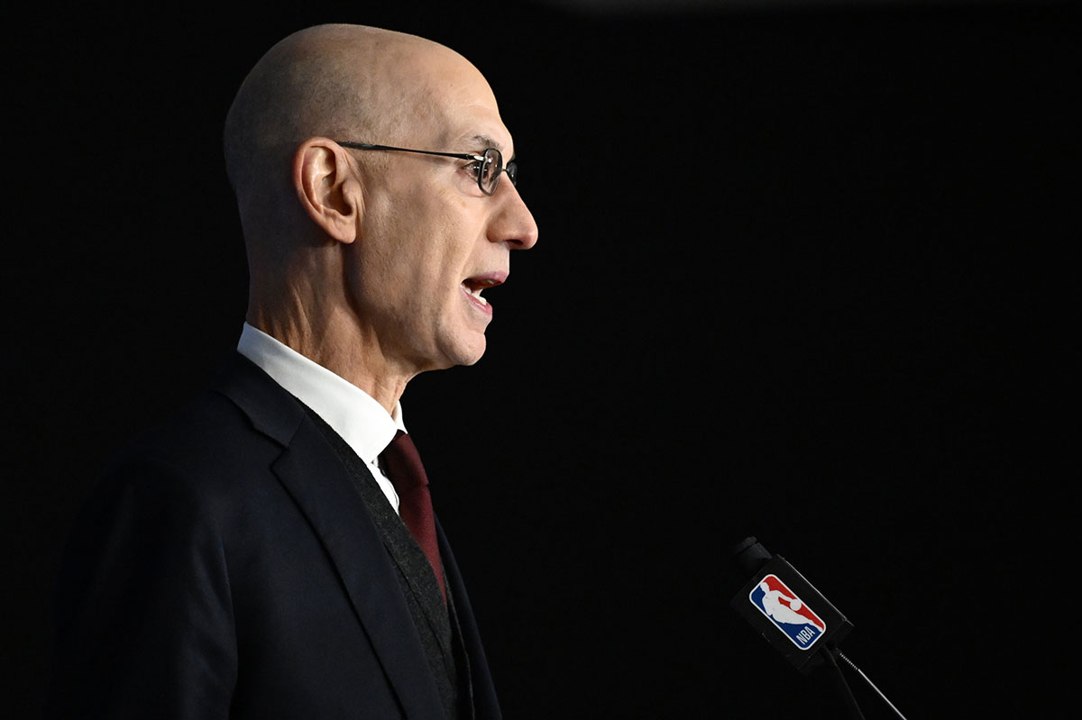 NBA commissioner Adam Silver speaks before a NBA Game between the Brooklyn Nets and the Cleveland Cavaliers at AccorHotels Arena. 